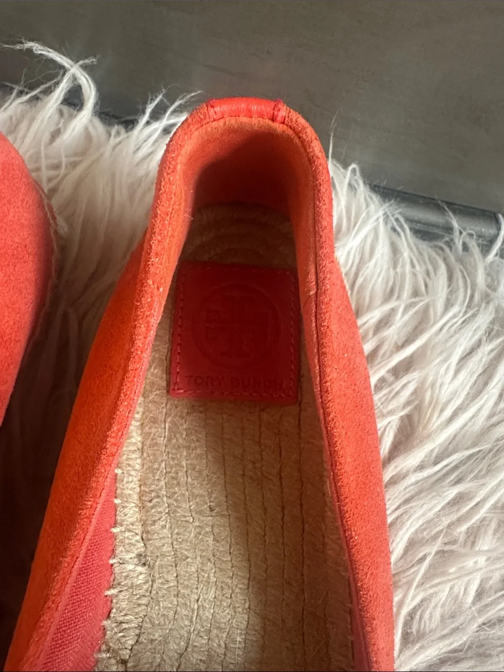 Tory Burch Orange Suede Espadrille Flats with Cutout Logo